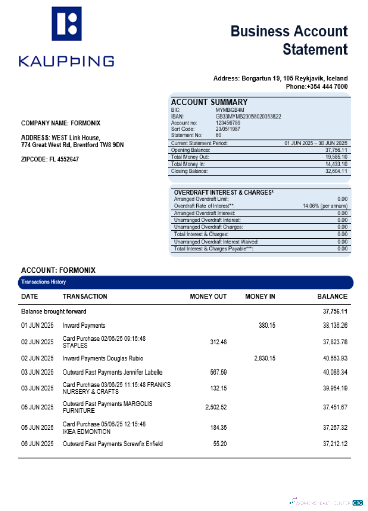 Download Kaupthing business firm account bank statement Word and PDF format Photoshop template